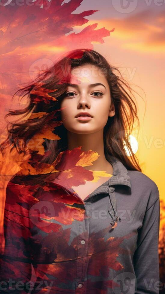 a woman is standing in front of an autumn sunset generative AI photo