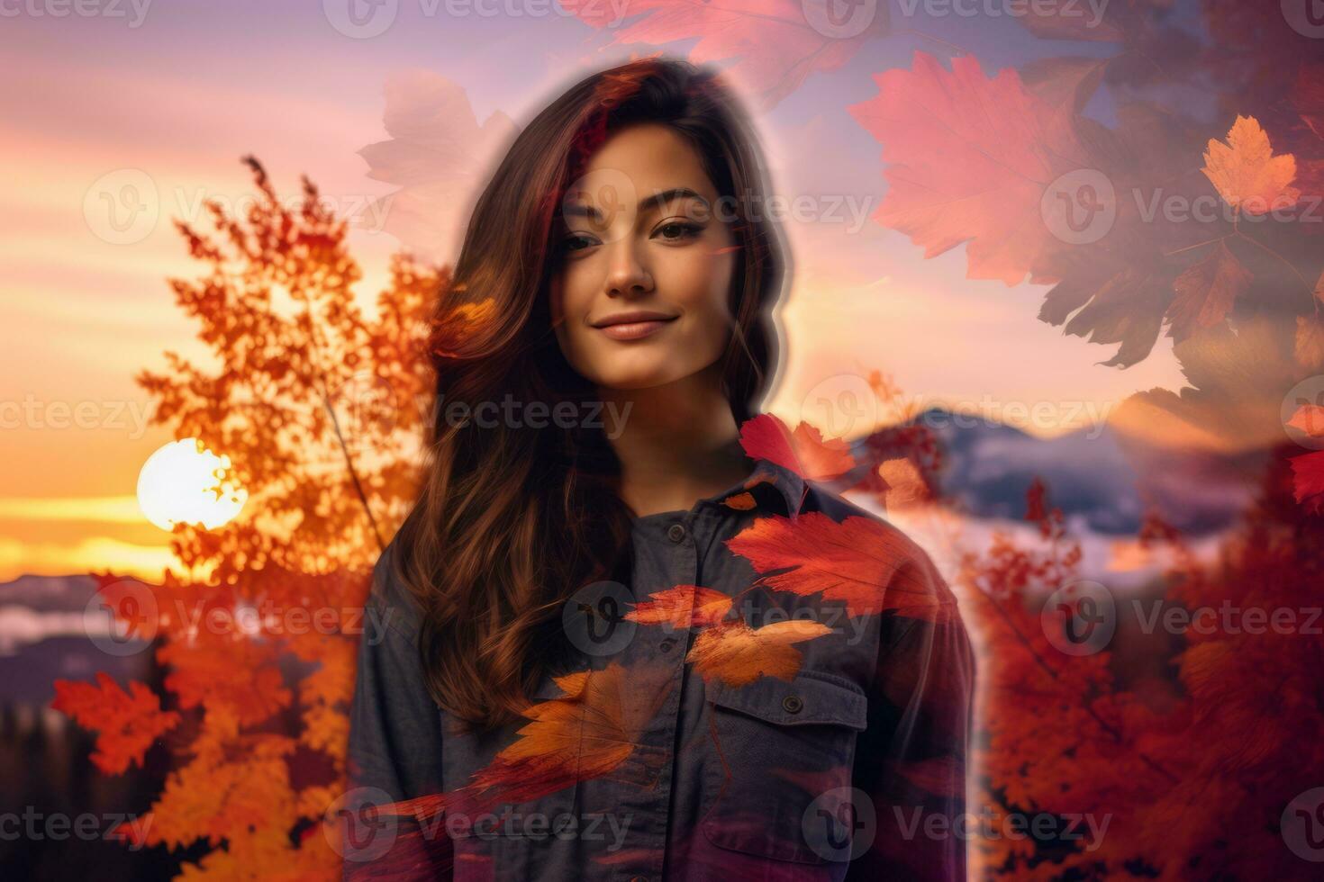 a woman is standing in front of autumn leaves generative AI photo