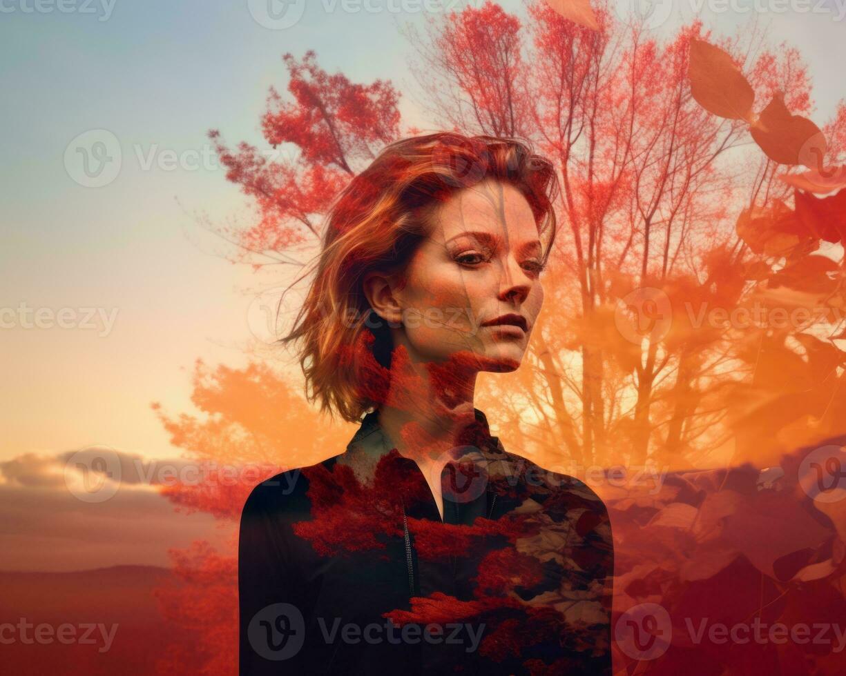 a woman is standing in front of an autumn tree generative AI photo