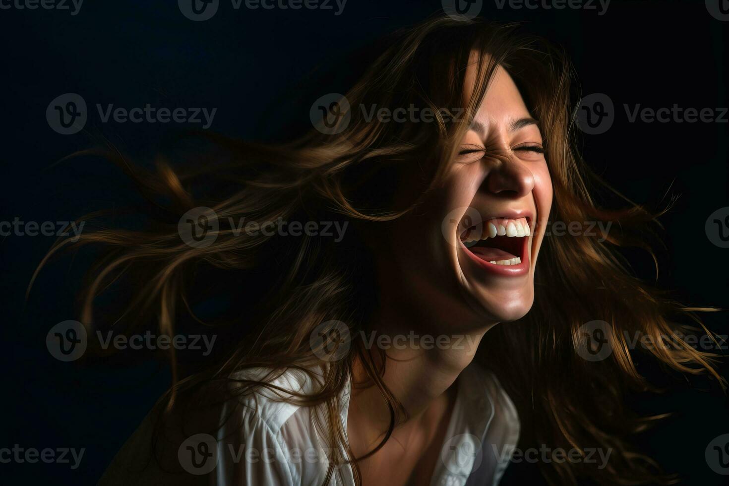 a woman laughing with her hair blowing in the wind generative AI photo
