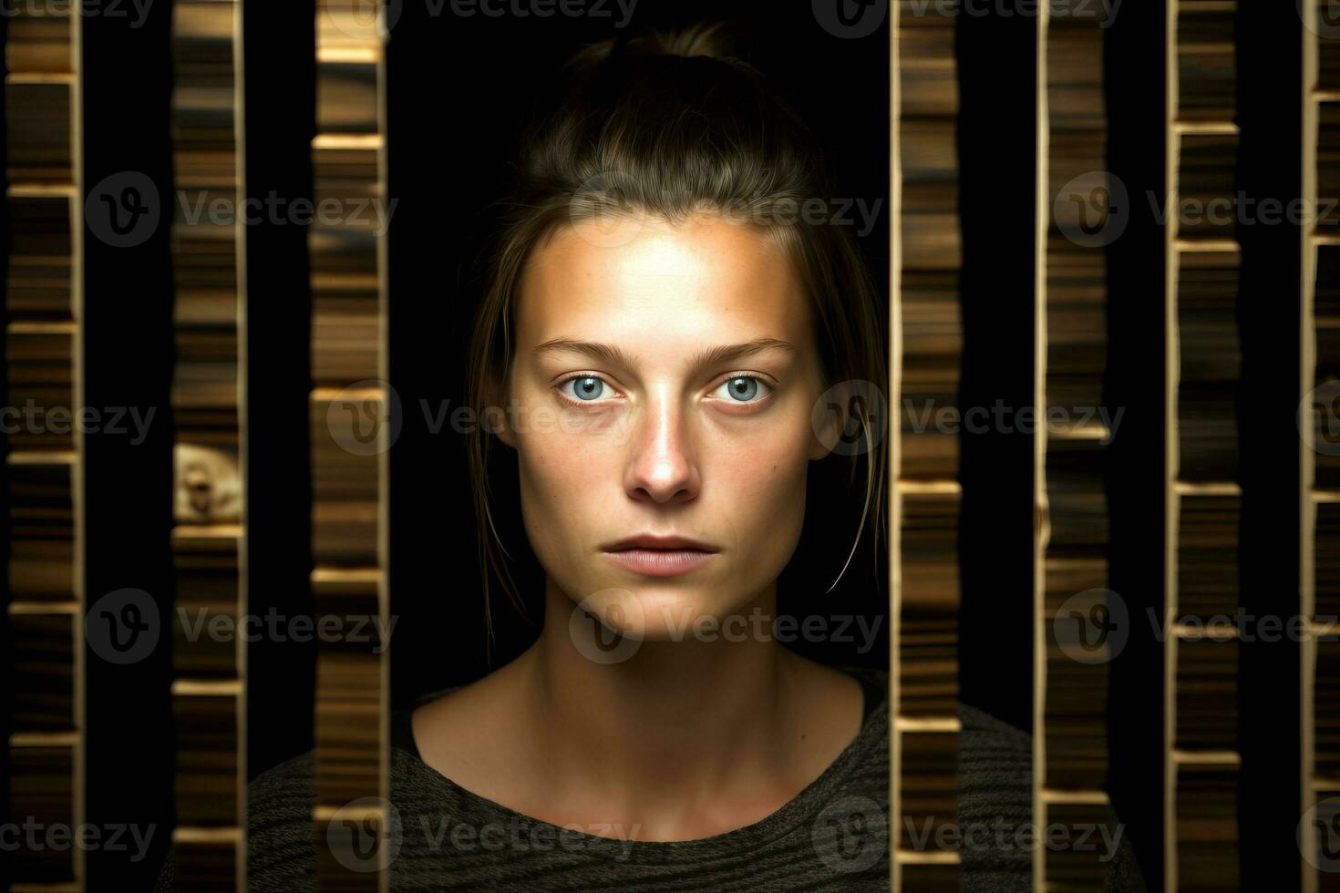 a woman looking at the camera through bars generative AI photo