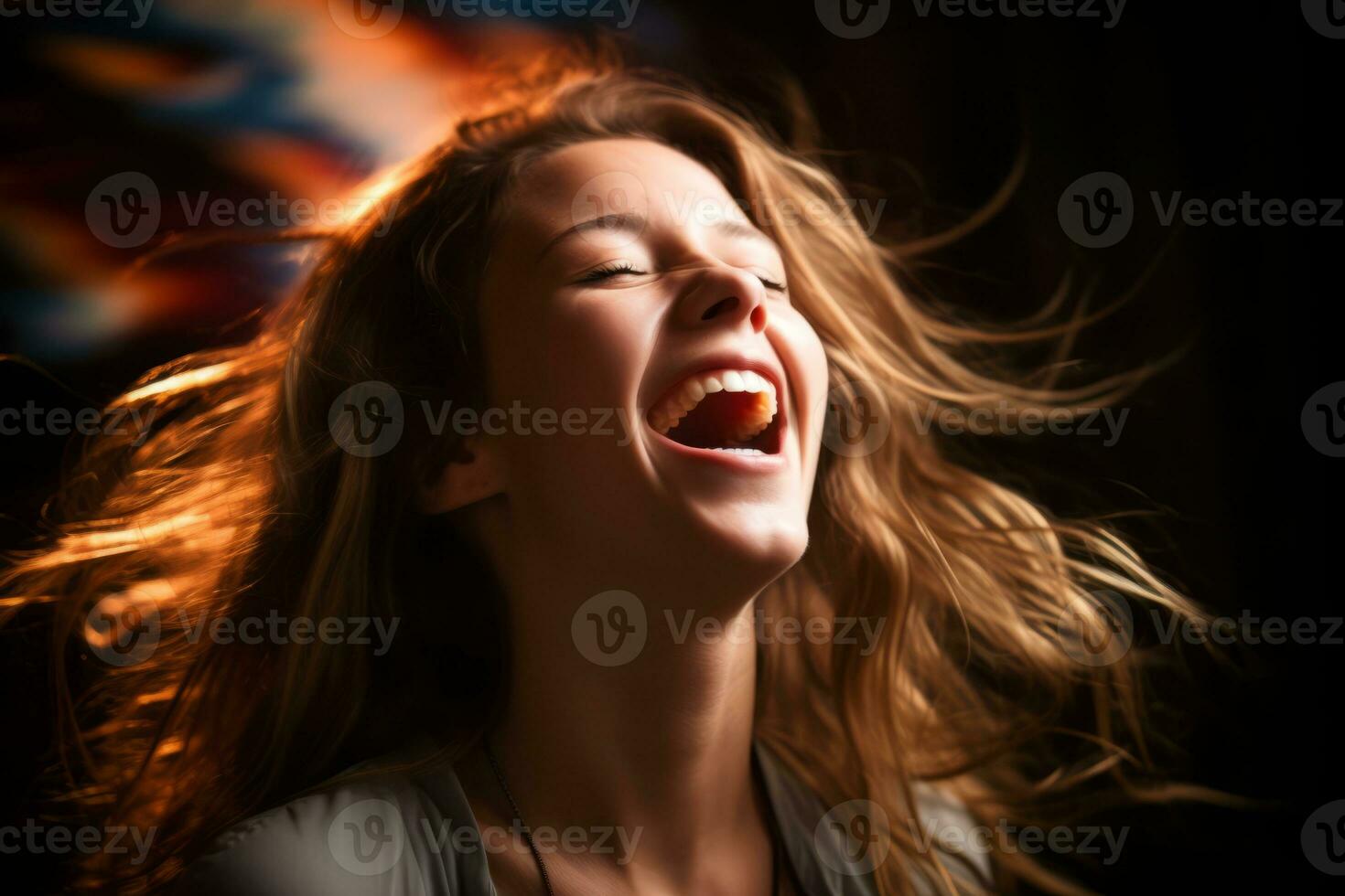 a woman laughing with her mouth wide open generative AI photo