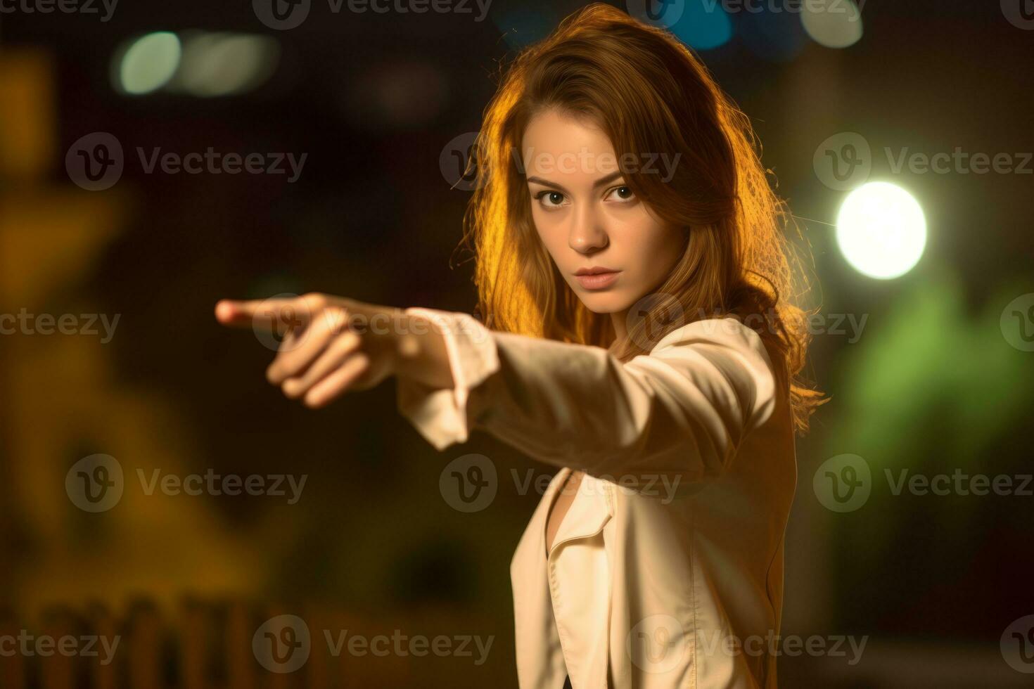a woman pointing at something with her finger generative AI photo
