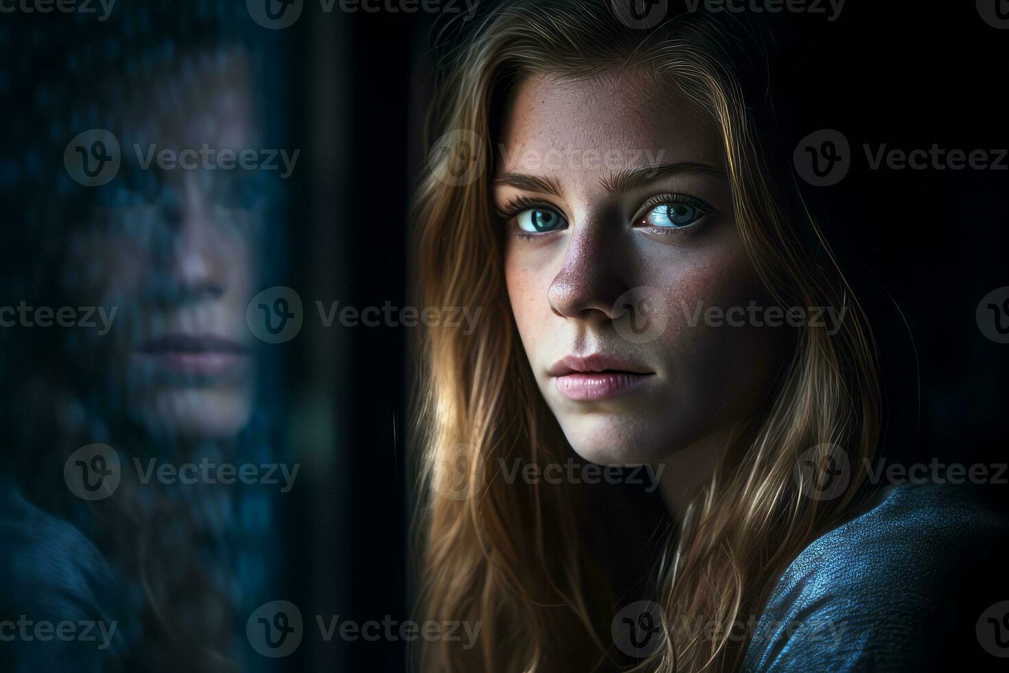 a woman looking out the window of a dark room generative AI photo
