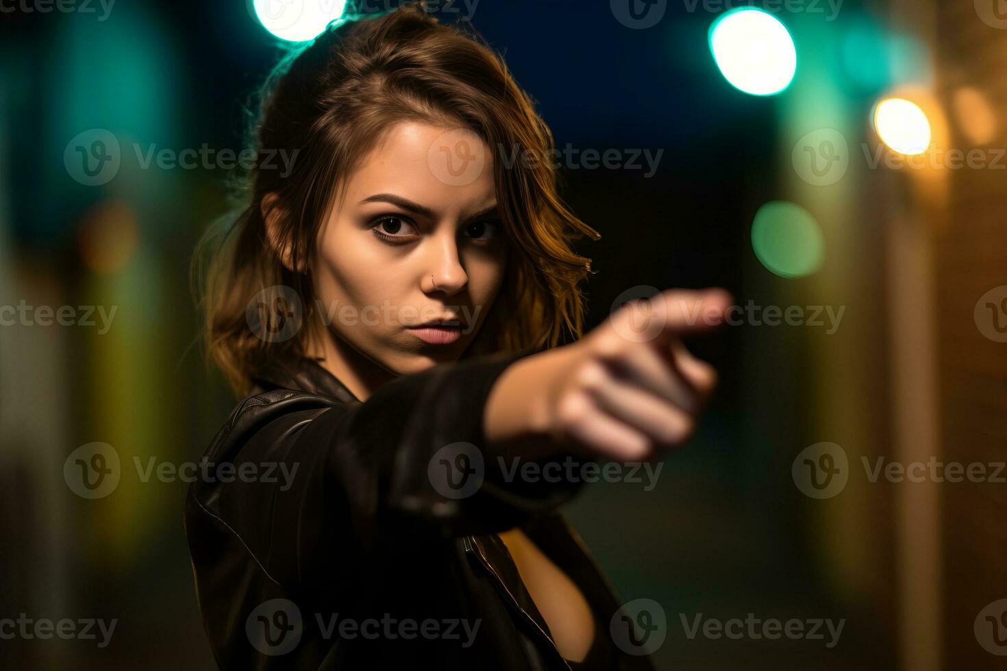 a woman pointing at something in the dark generative AI photo