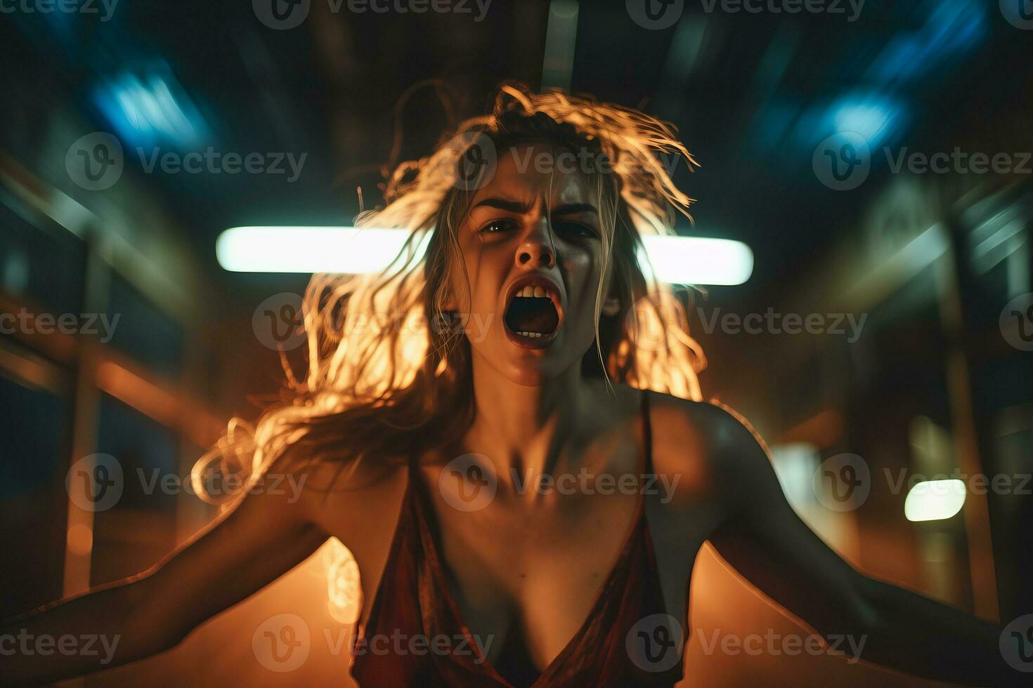 a woman screaming in the dark with her mouth open generative AI photo