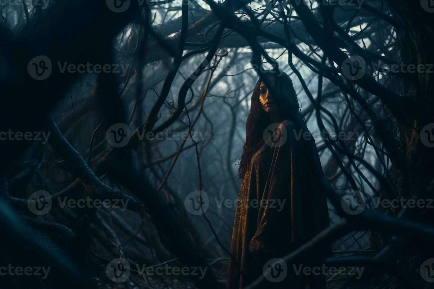 a woman standing in a dark forest at night generative AI photo