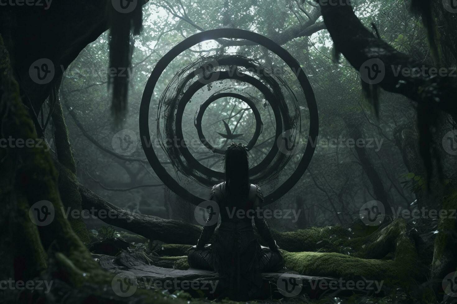 a woman sitting in the middle of a forest surrounded by circular rings generative AI photo