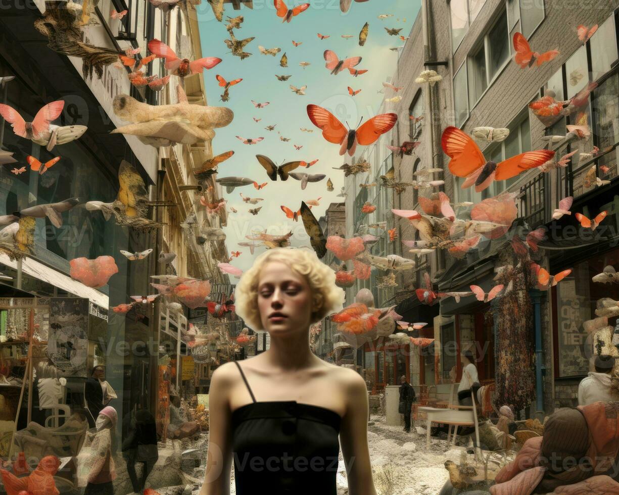 a woman standing in a city street surrounded by butterflies generative AI photo