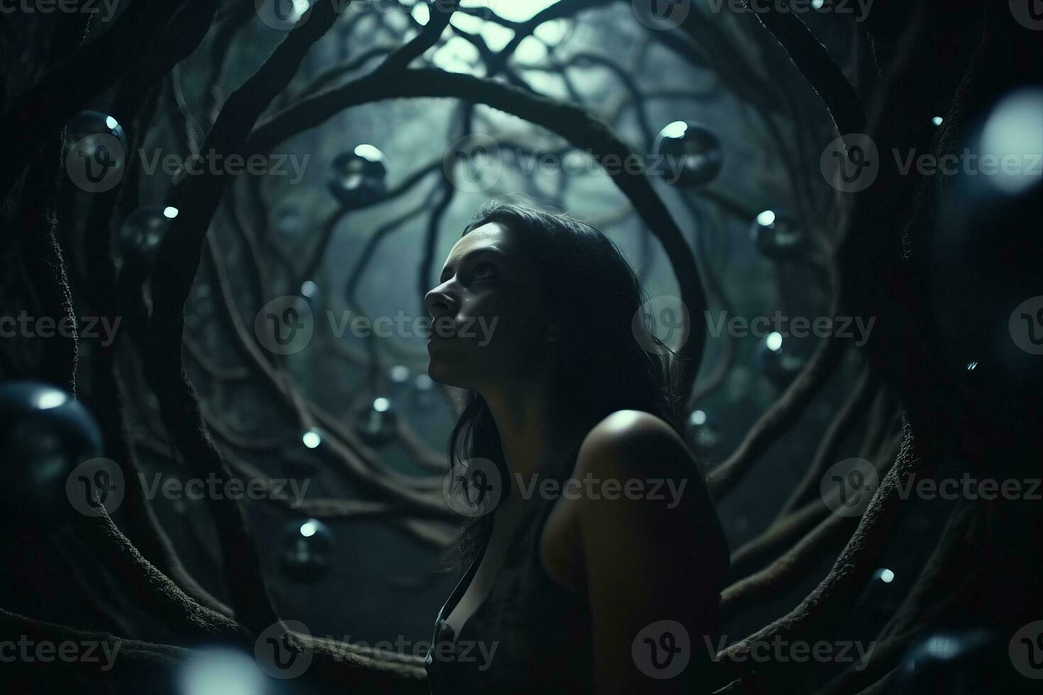 a woman standing in a dark tunnel surrounded by balls generative AI photo