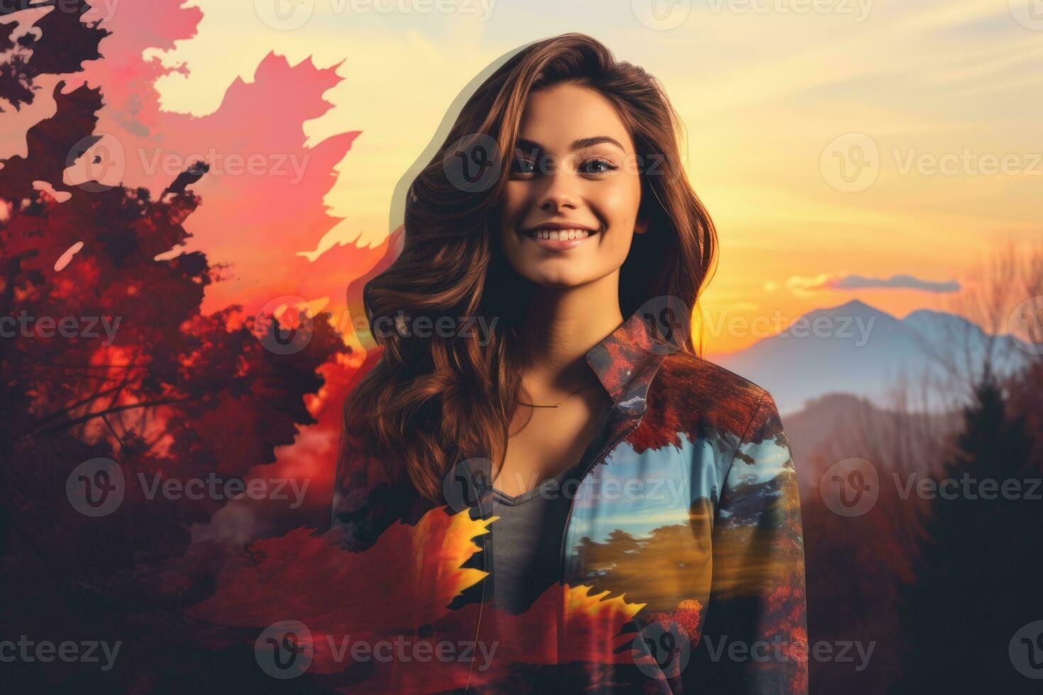 a woman smiling in front of an autumn scene generative AI photo