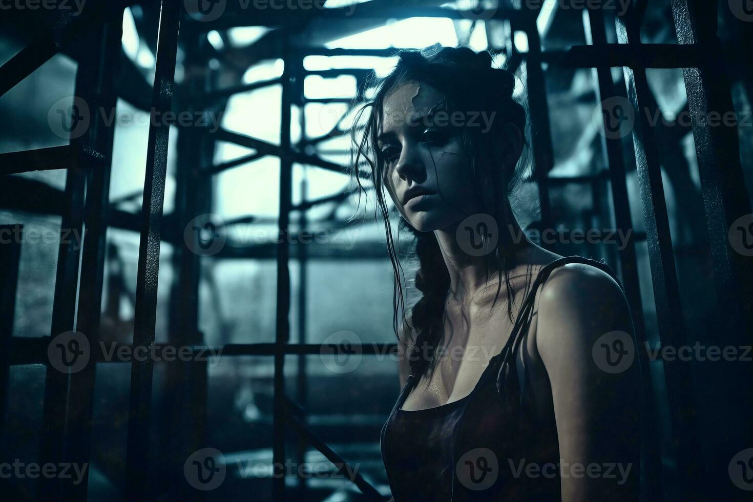 a woman standing in a dark room with bars generative AI photo