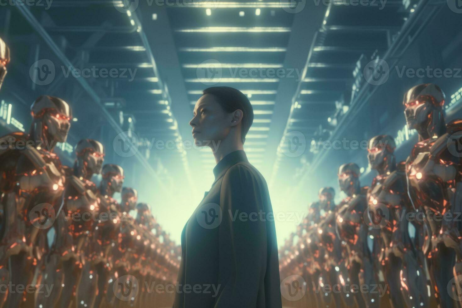 a woman standing in front of a group of robots generative AI photo