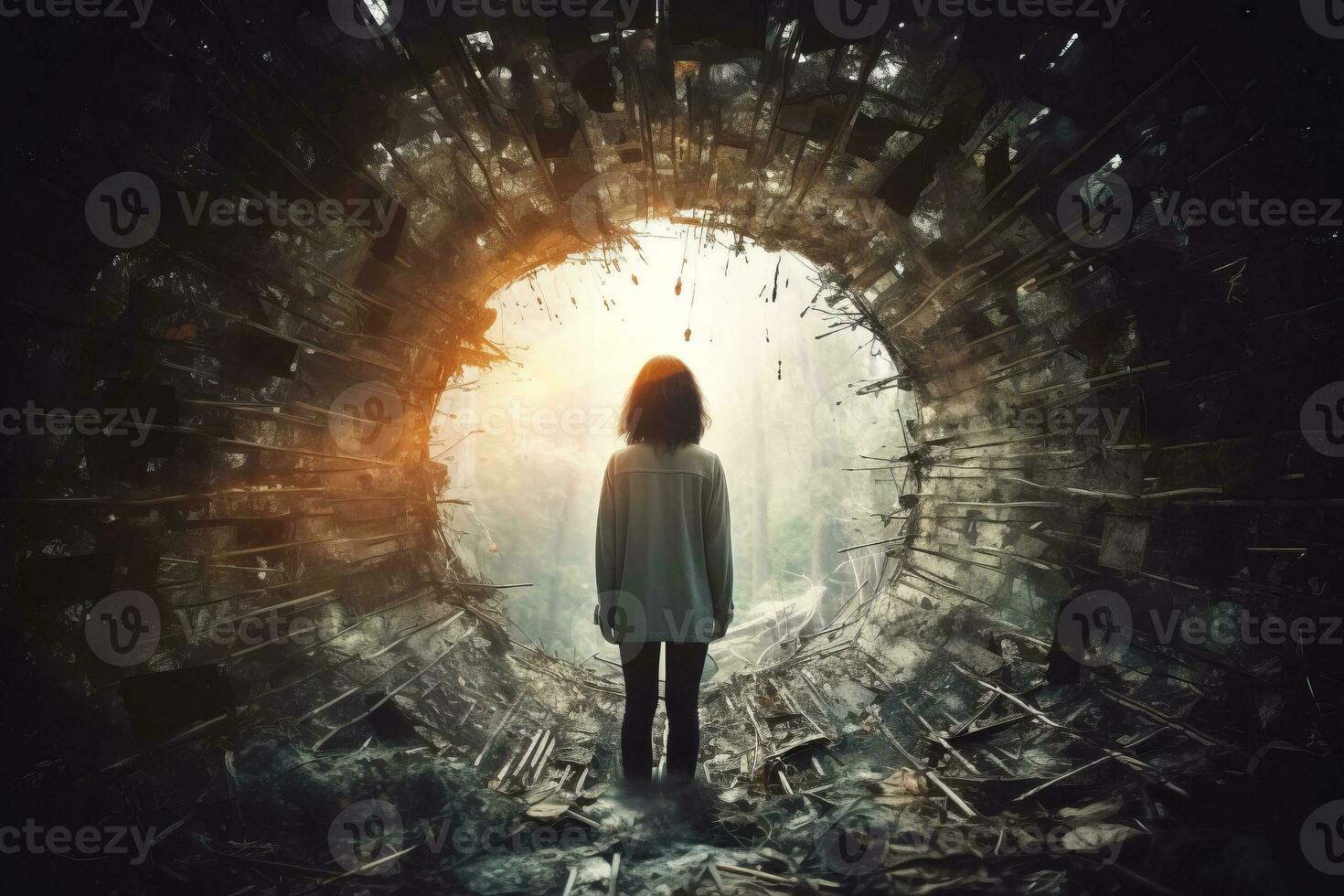 a woman standing in front of a hole in the ground generative AI photo