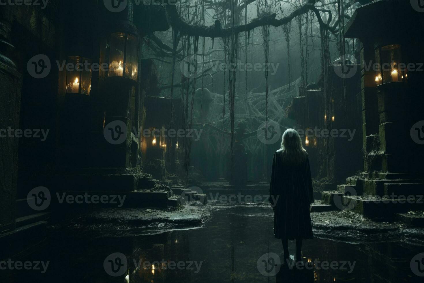 a woman standing in the dark in a forest generative AI photo
