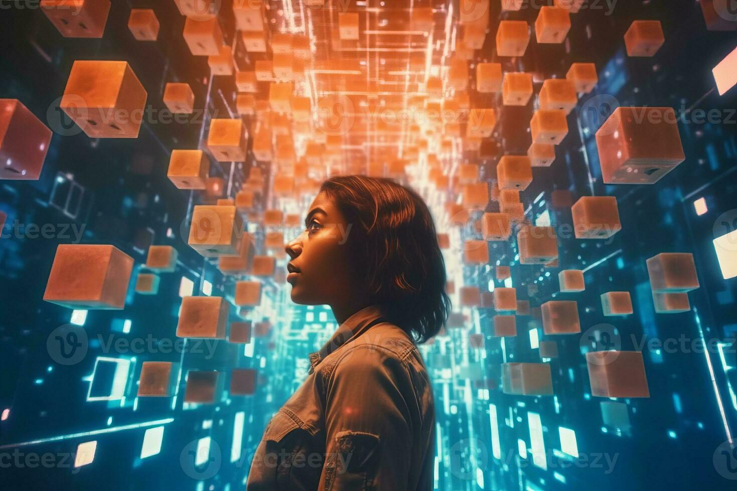 a woman standing in front of cubes in an abstract background generative AI photo