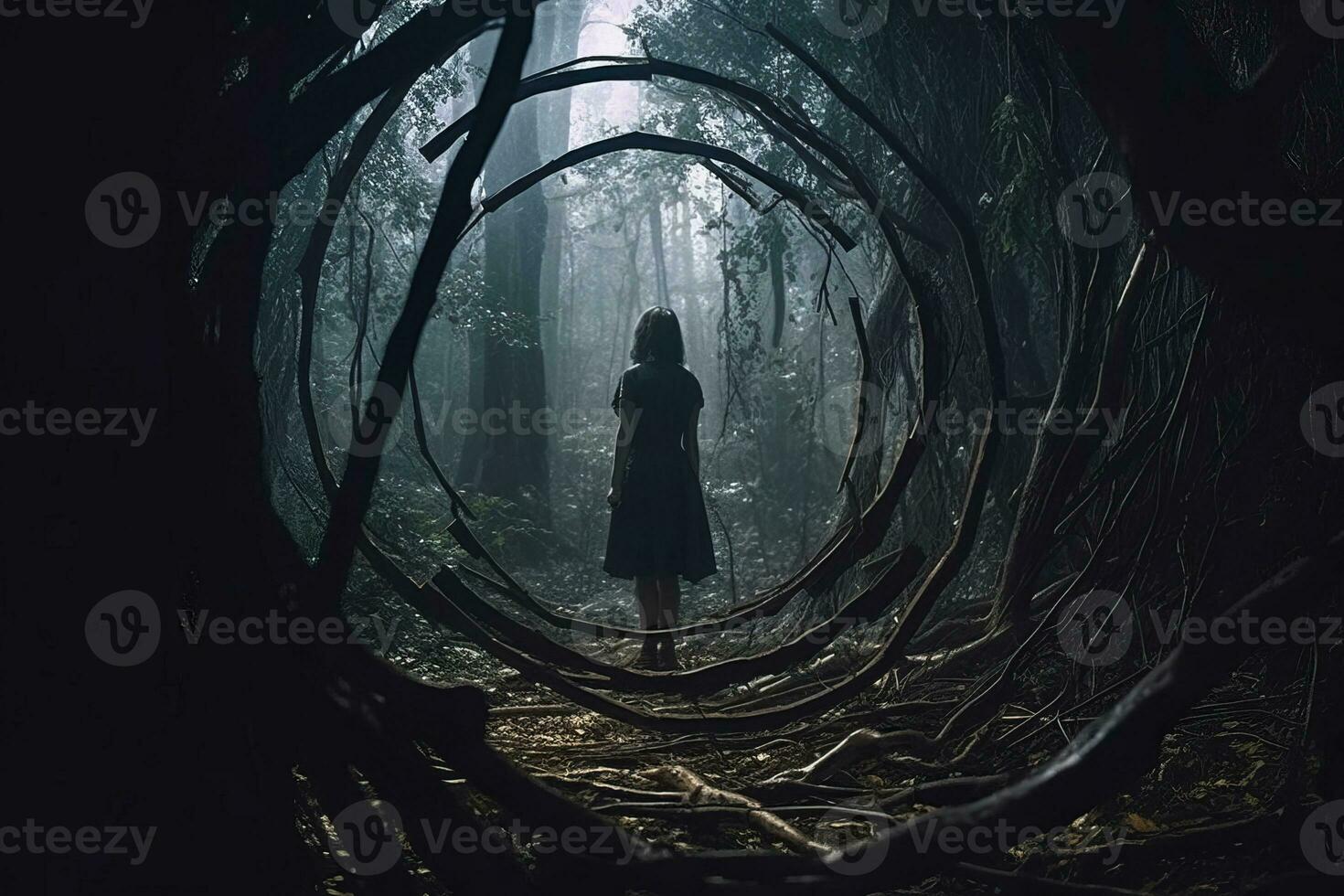 a woman standing in the middle of a dark forest generative AI photo