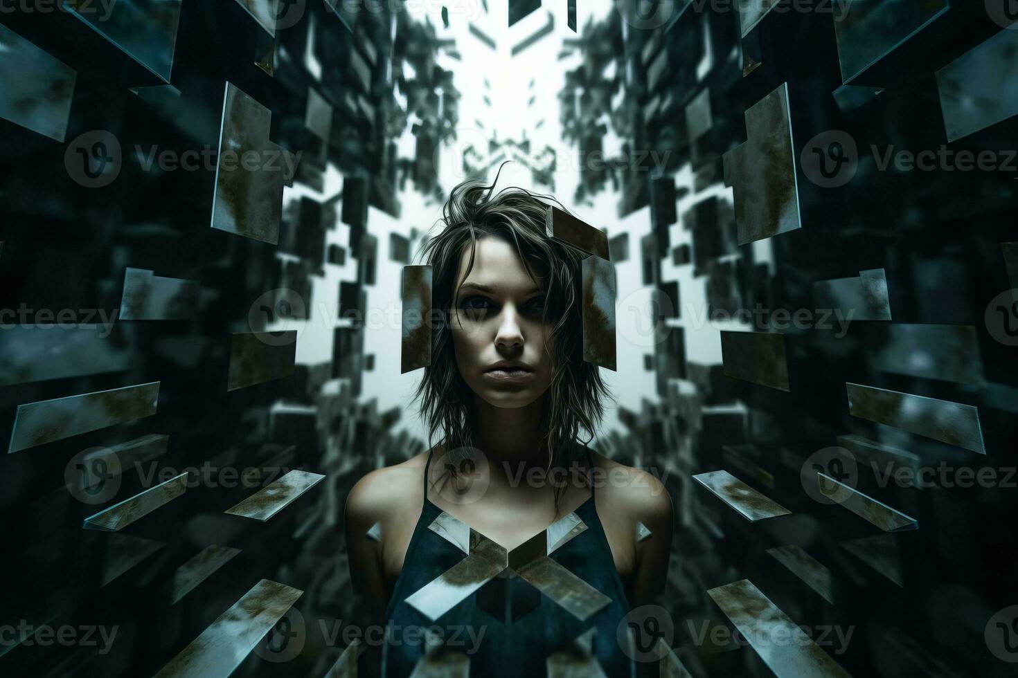 a woman surrounded by cubes in a dark room generative AI photo
