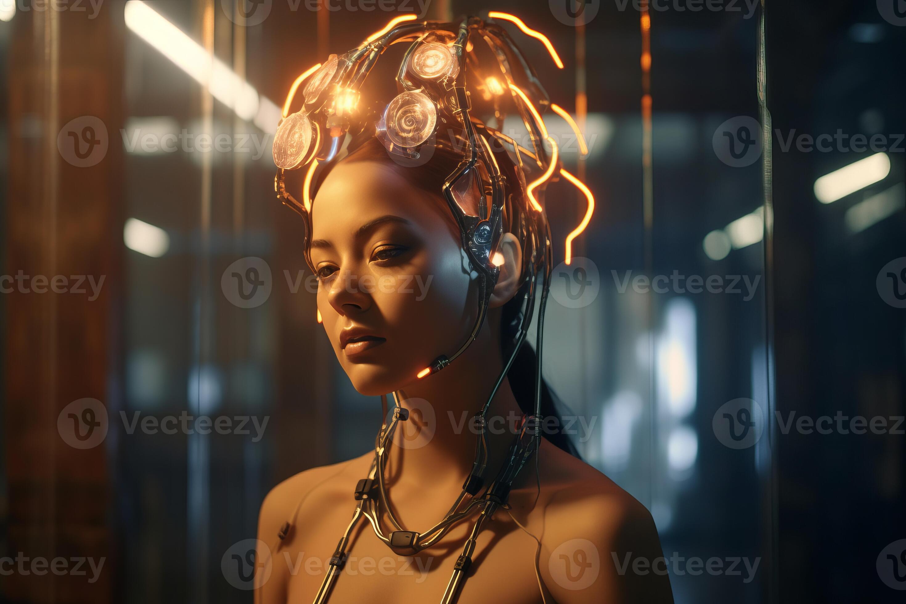 a woman wearing a futuristic headpiece with glowing lights generative