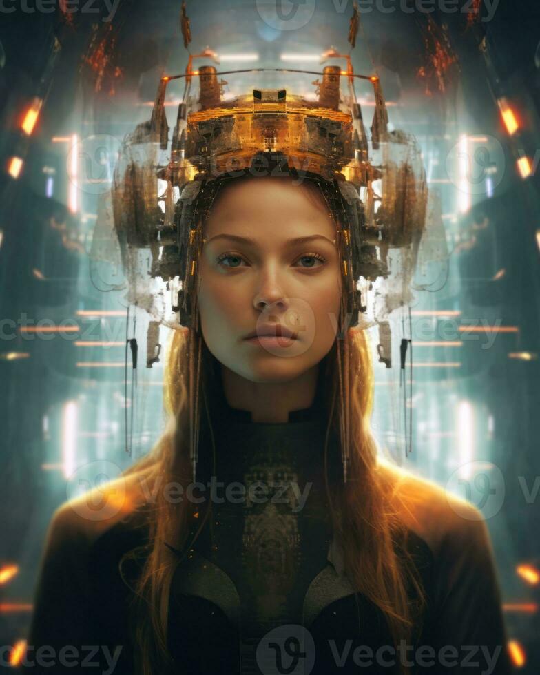 a woman wearing a futuristic headpiece in a dark room generative AI photo