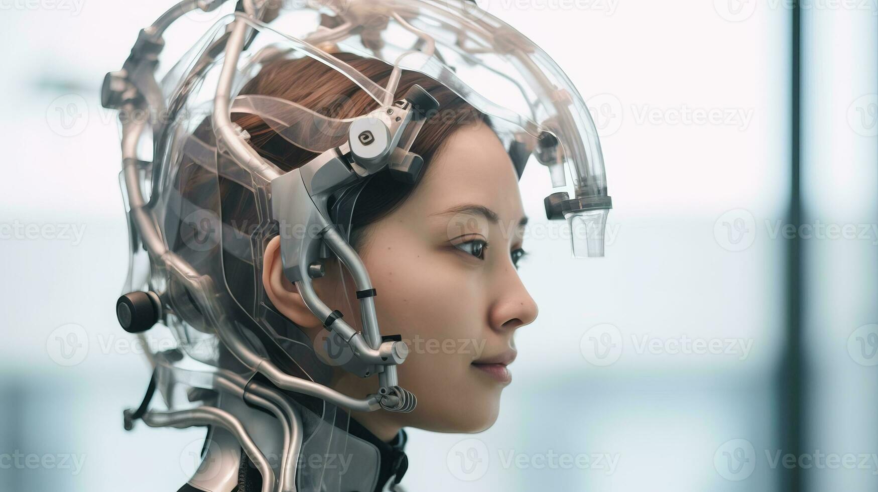 a woman wearing a futuristic helmet generative AI photo