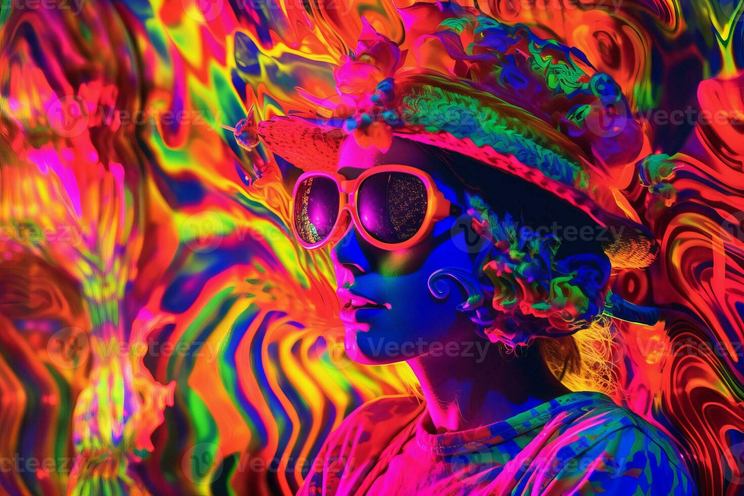 a woman wearing a hat and sunglasses in front of a psychedelic background generative AI photo