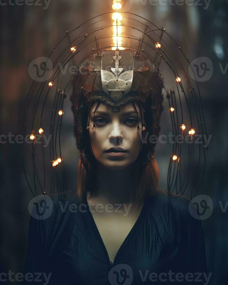 a woman wearing a headpiece with lights on it generative AI photo