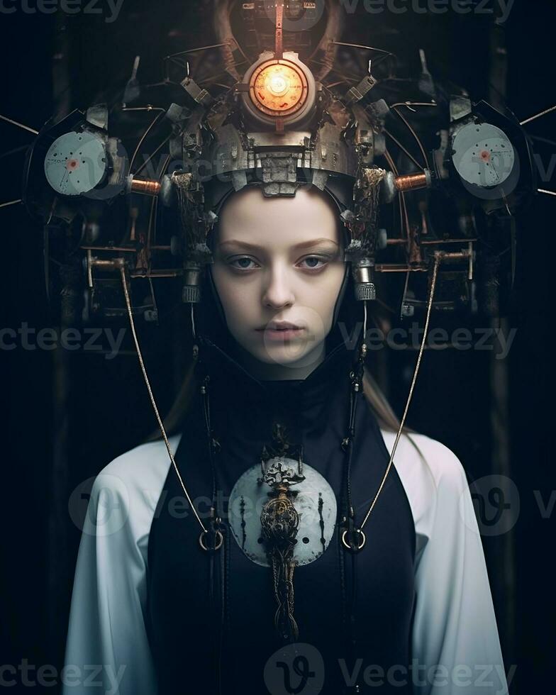 a woman wearing a headpiece with a clock on it generative AI photo
