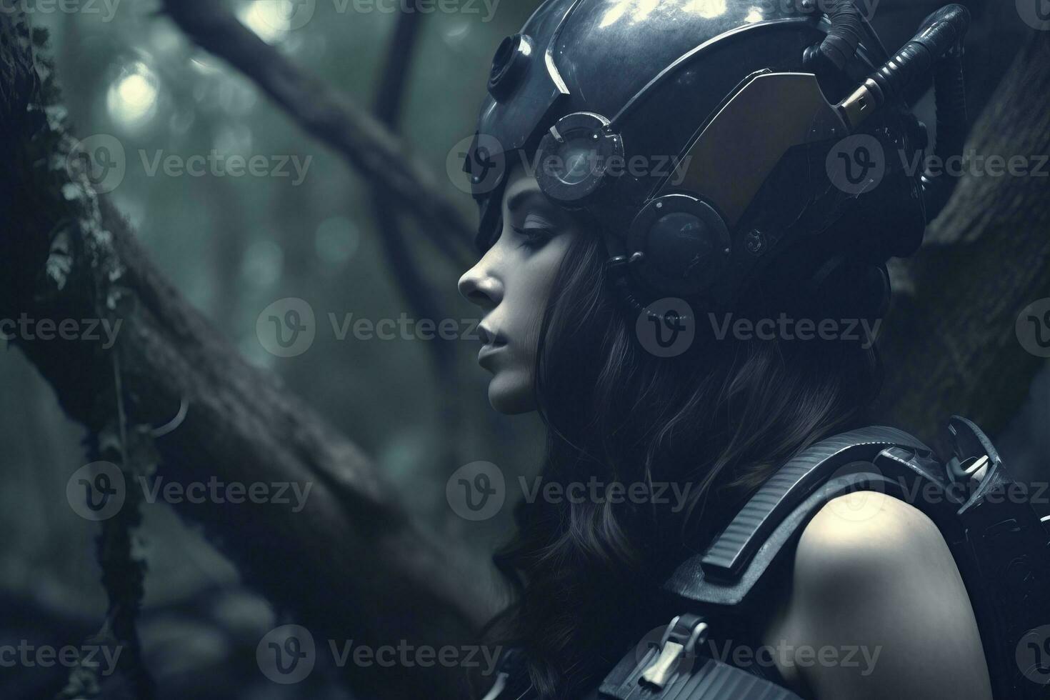 a woman wearing a helmet in the woods generative AI photo