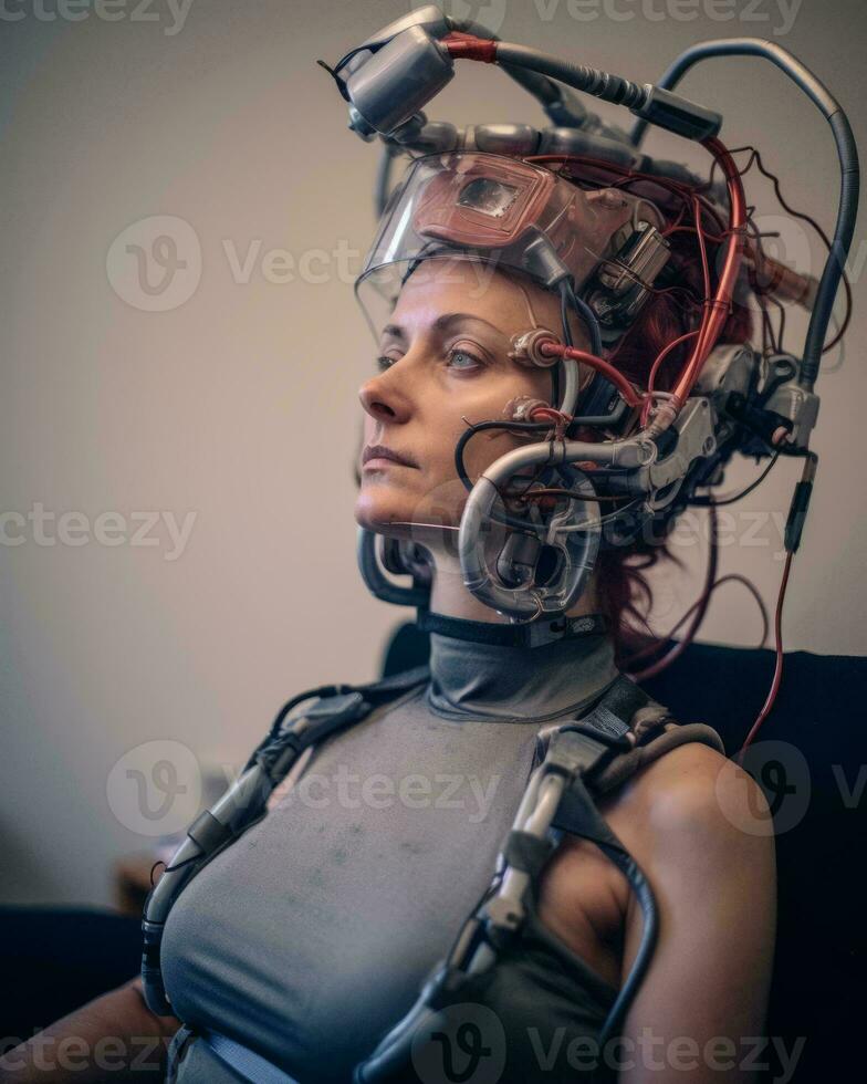 a woman wearing a helmet with wires attached to her head generative AI photo