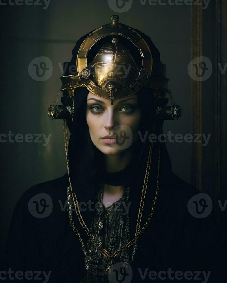 a woman wearing a gold and black headpiece generative AI photo