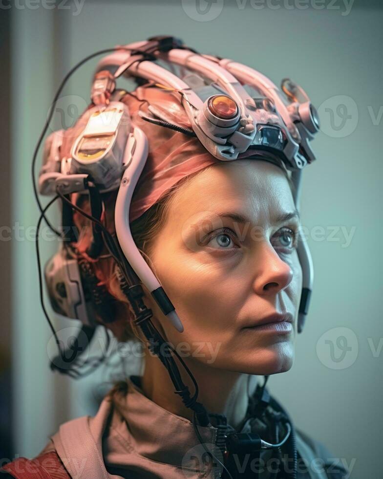 a woman wearing a helmet with wires attached to it generative AI photo