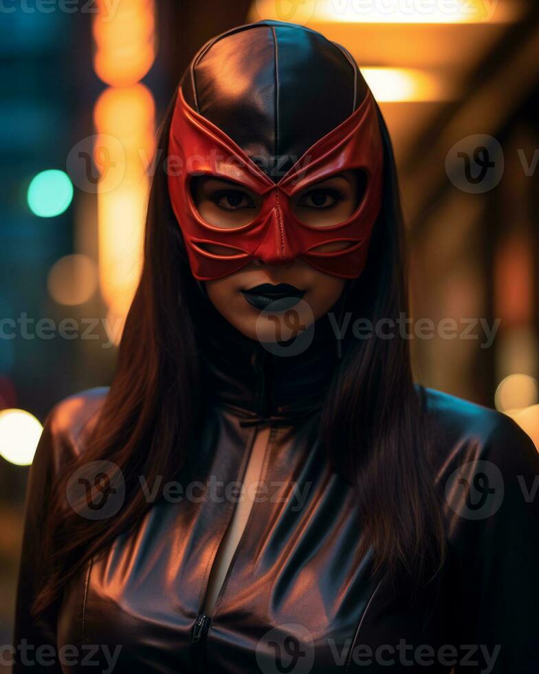 a woman wearing a red and black mask generative AI photo