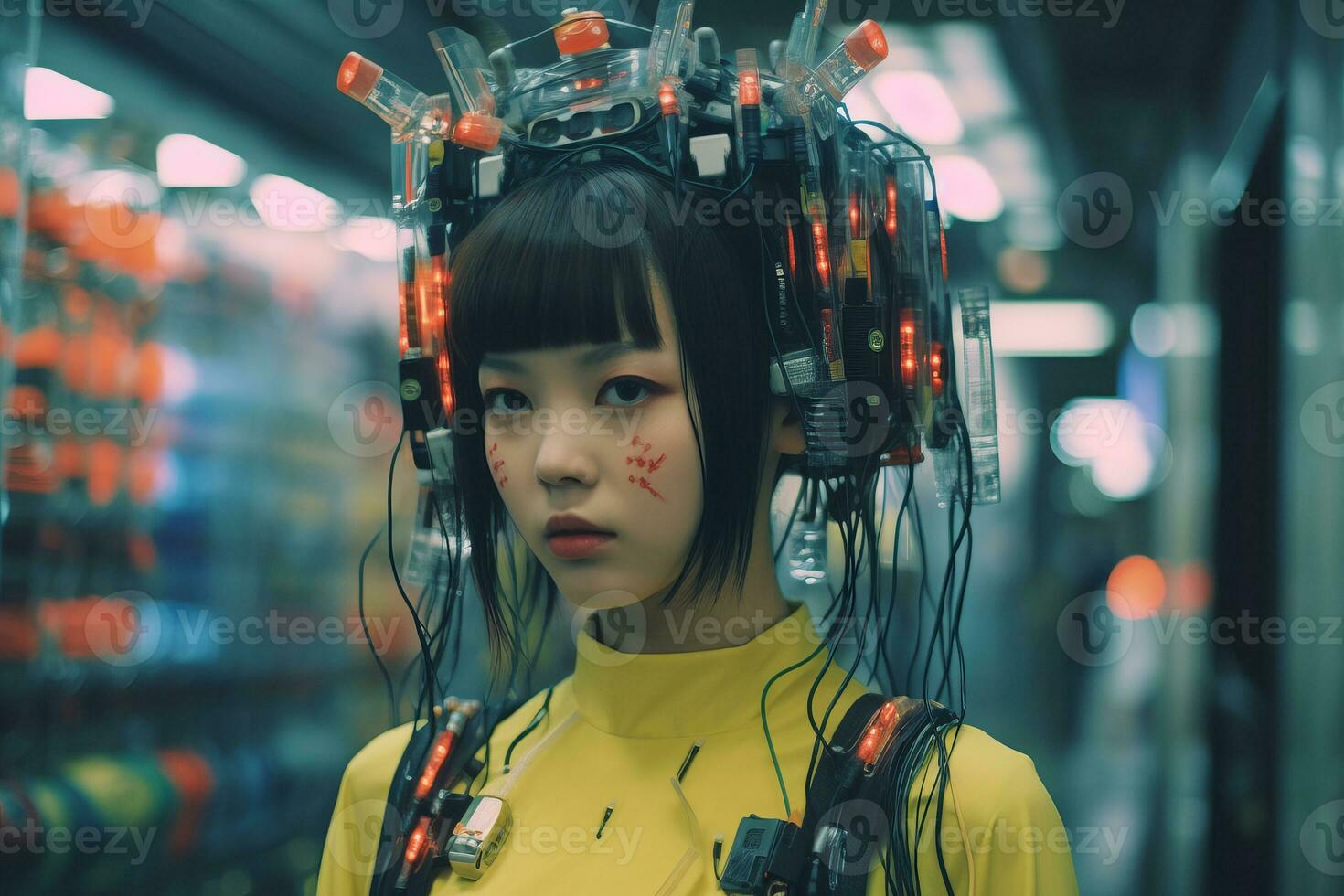 a woman wearing a headpiece with wires attached to it generative AI photo