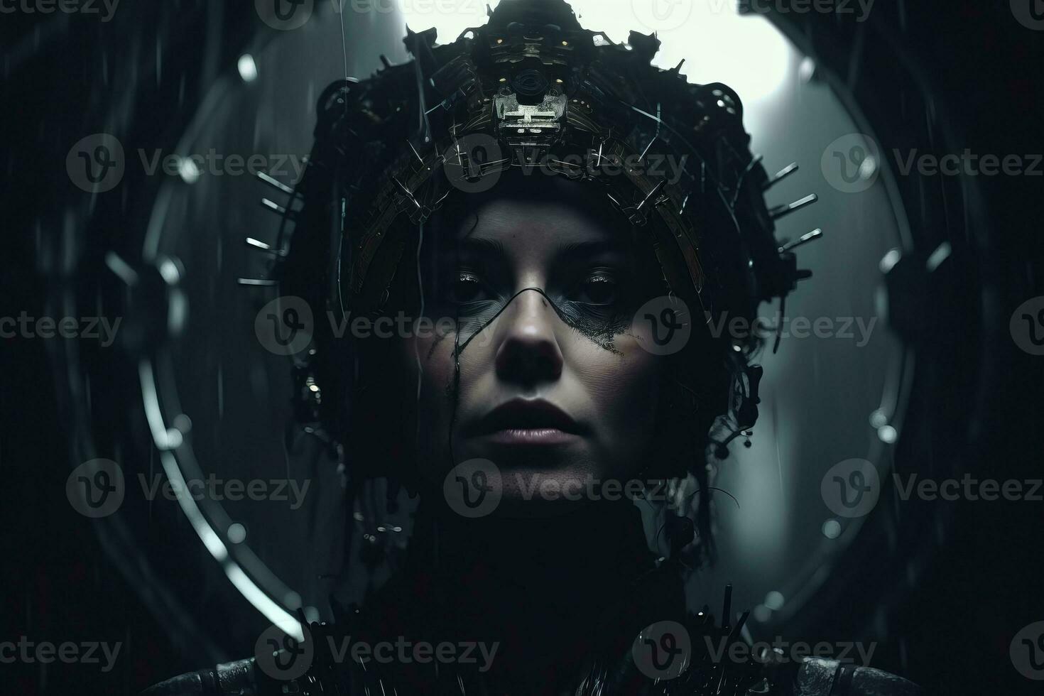 a woman with a headpiece in a dark room generative AI photo