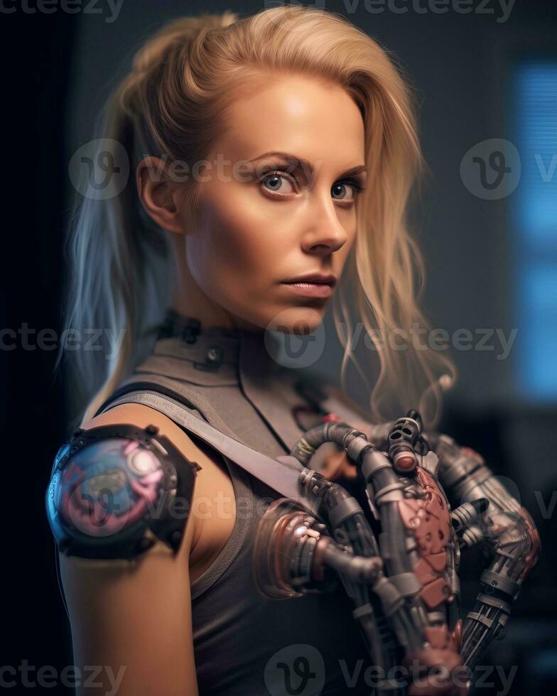 a woman with a robot arm holding a gun generative AI photo