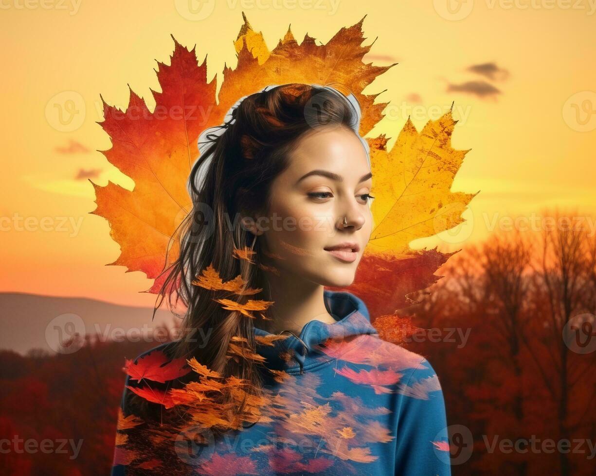 a woman with a maple leaf on her head in front of an autumn sunset generative AI photo