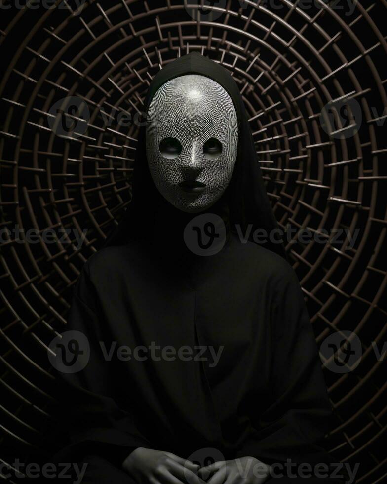 a woman with a mask on her face sitting in a circle generative AI photo