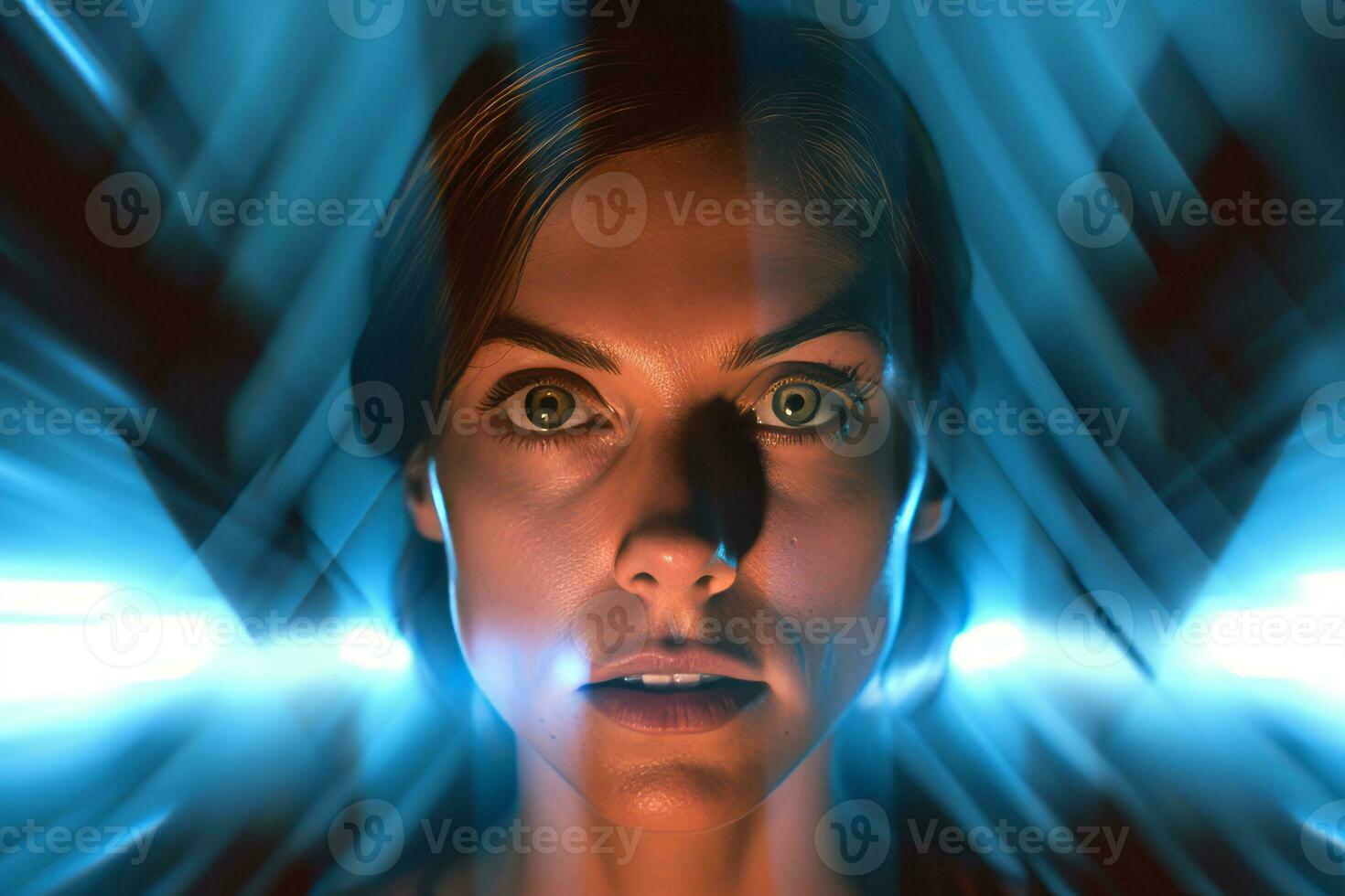 a woman with glowing eyes in the dark generative AI photo
