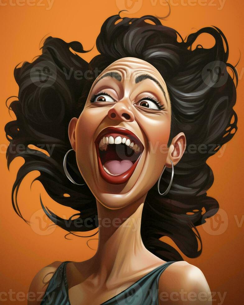 a woman with her mouth wide open and her hair blowing in the wind generative AI photo