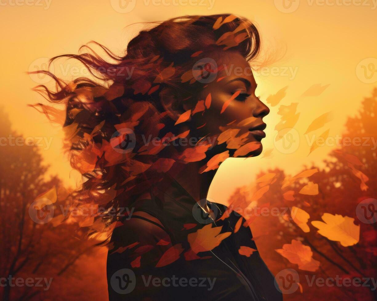 a woman with her hair blowing in the wind in front of autumn trees generative AI photo