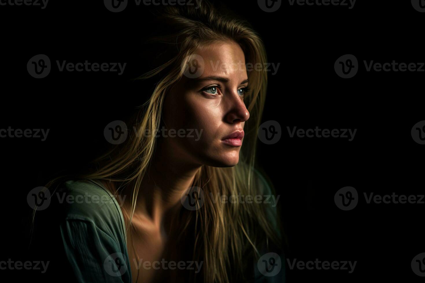 a woman with long blonde hair is looking off to the side generative AI photo