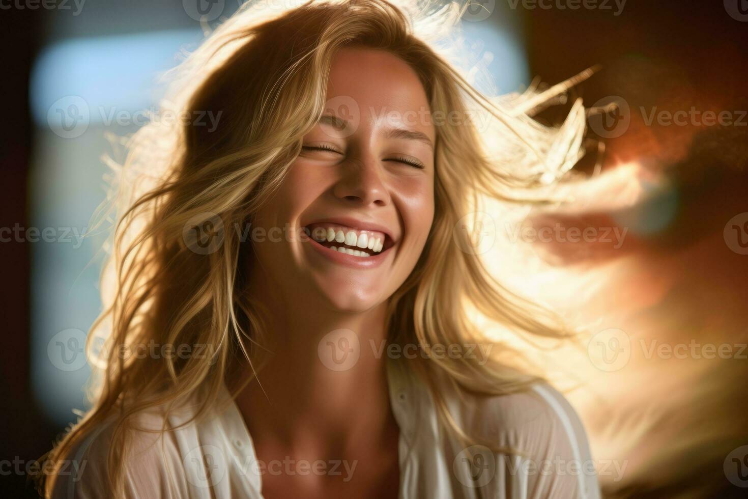 a woman with long blonde hair is laughing and smiling generative AI photo