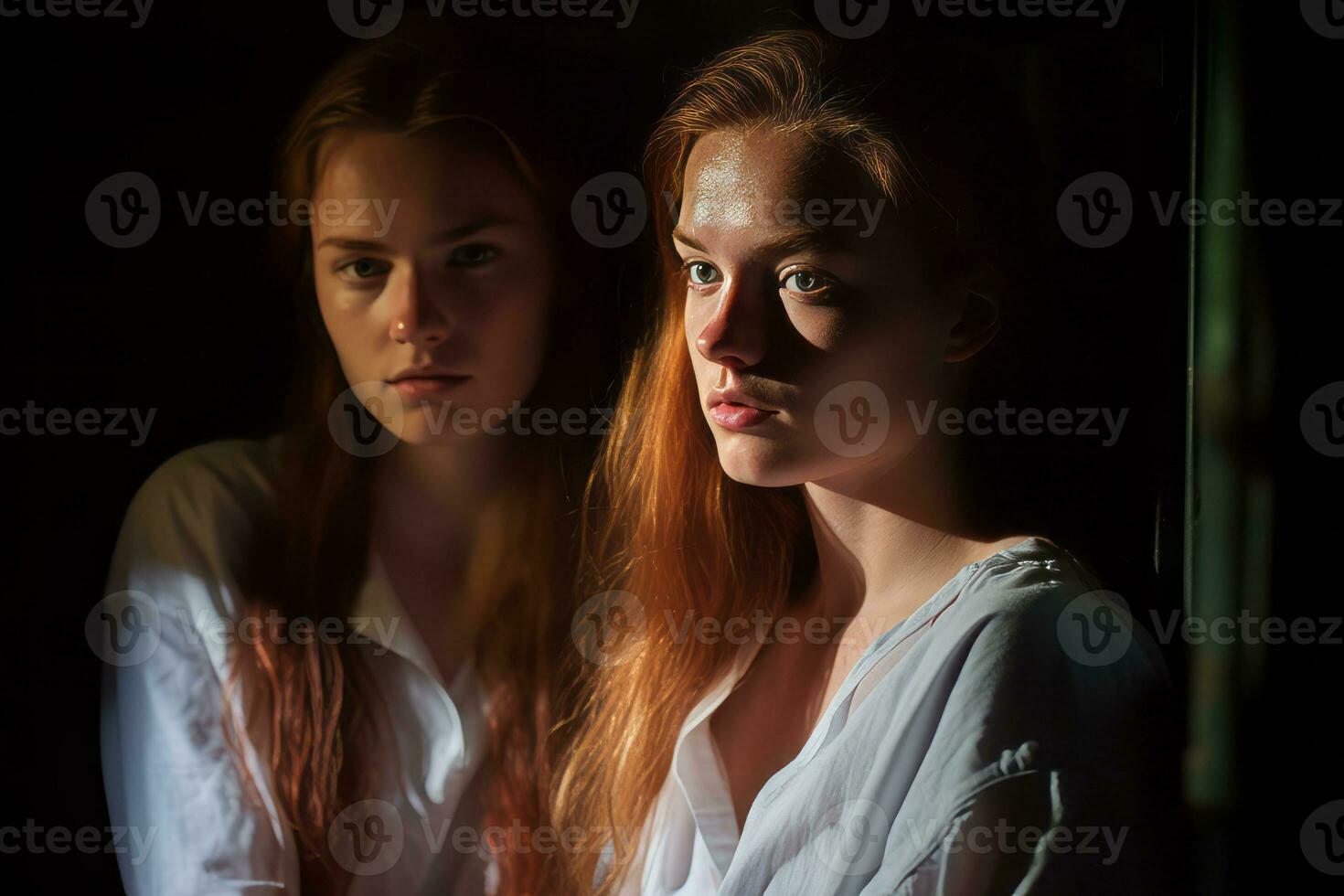 a woman with long red hair is looking at the camera generative AI photo