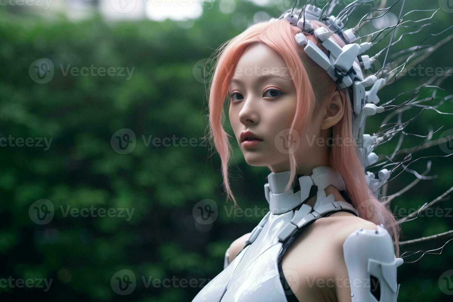 a woman with pink hair wearing a robot costume generative AI photo