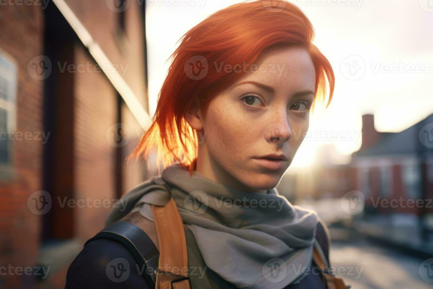 a woman with red hair and a scarf is standing in front of a building generative AI photo