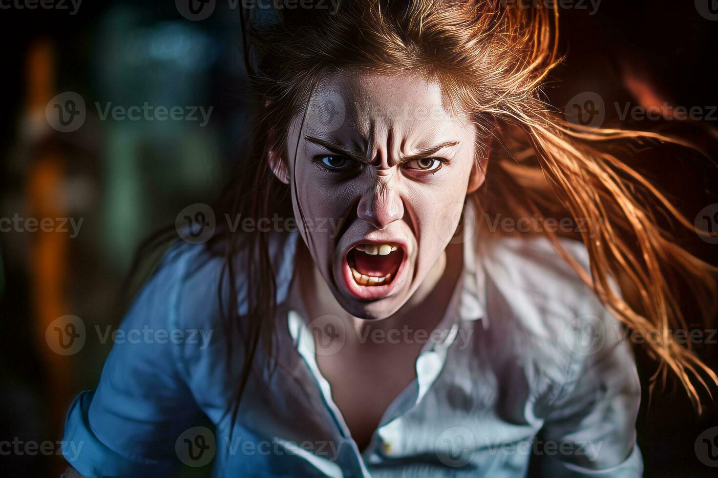 a woman with red hair and an angry look on her face generative AI photo
