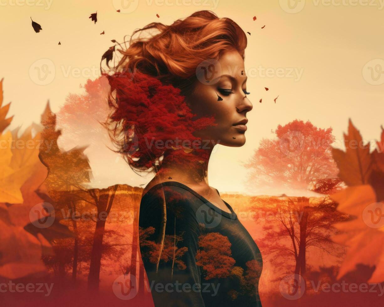 a woman with red hair and autumn leaves in the background generative AI photo