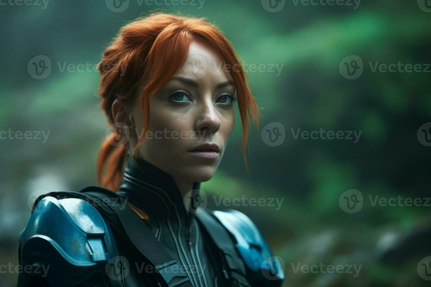 a woman with red hair and armor standing in the woods generative AI photo