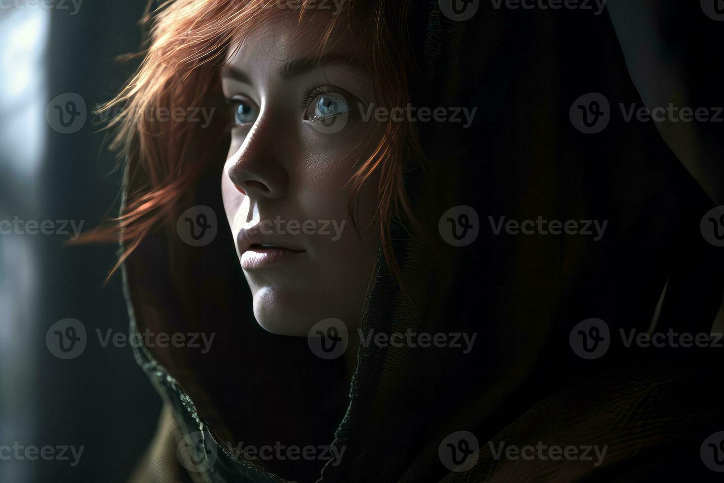 a woman with red hair and blue eyes looks away from the camera generative AI photo